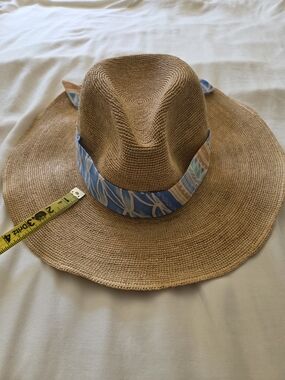 J McLaughlin Wide Brim Straw Fedora Hat with Blue Patterned Band